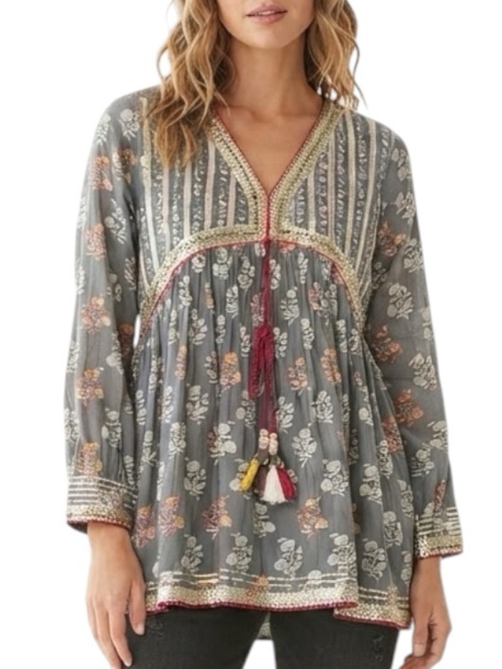 BOHO Blue Floral Metallic Embroidered Beaded Tassel Tunic Blouse Tops M
